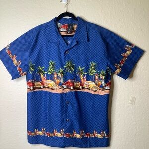 Andrade Tropical Blue Hawaiian Shirt with Surfboard and Antique Car Design